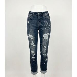 NEW JUDY BLUE women bridgeport bleach splatter boyfriend jeans in black